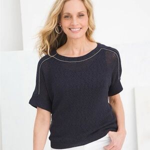 Chico's Navy Blue Beaded Mesh Knit Sweater Tee Tunic XL Short Sleeve Coastal